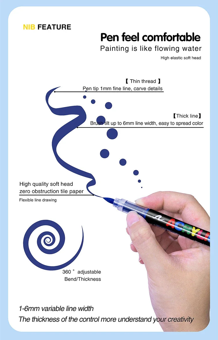 Acrylic Marker Pens – 12/24/30 Colors, Waterproof Soft Brush Nib