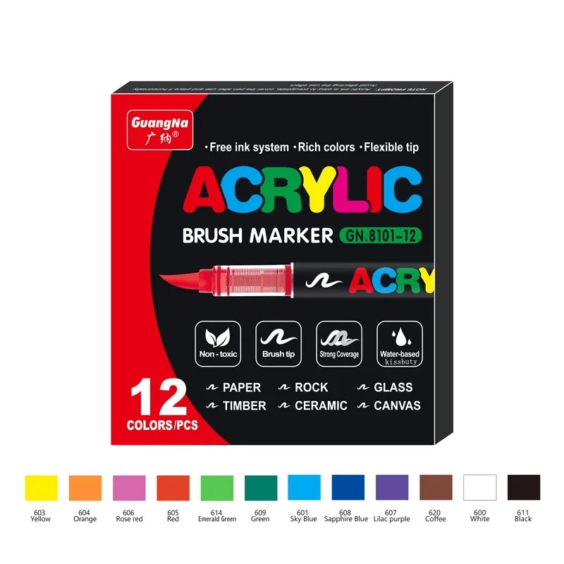 Acrylic Marker Pens – 12/24/30 Colors, Waterproof Soft Brush Nib