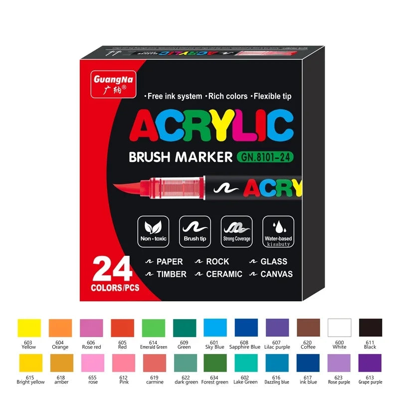 Acrylic Marker Pens – 12/24/30 Colors, Waterproof Soft Brush Nib