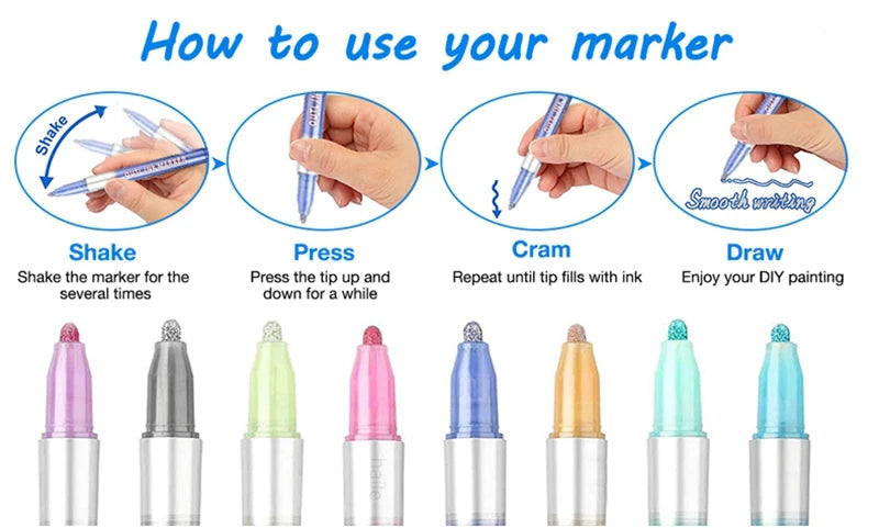 8/12 Colors Metallic Double Line Art Marker Pens