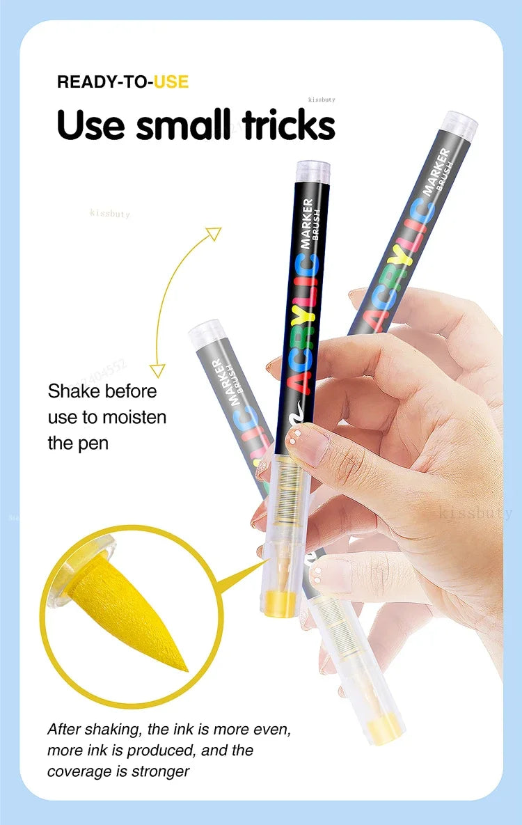 Acrylic Marker Pens – 12/24/30 Colors, Waterproof Soft Brush Nib