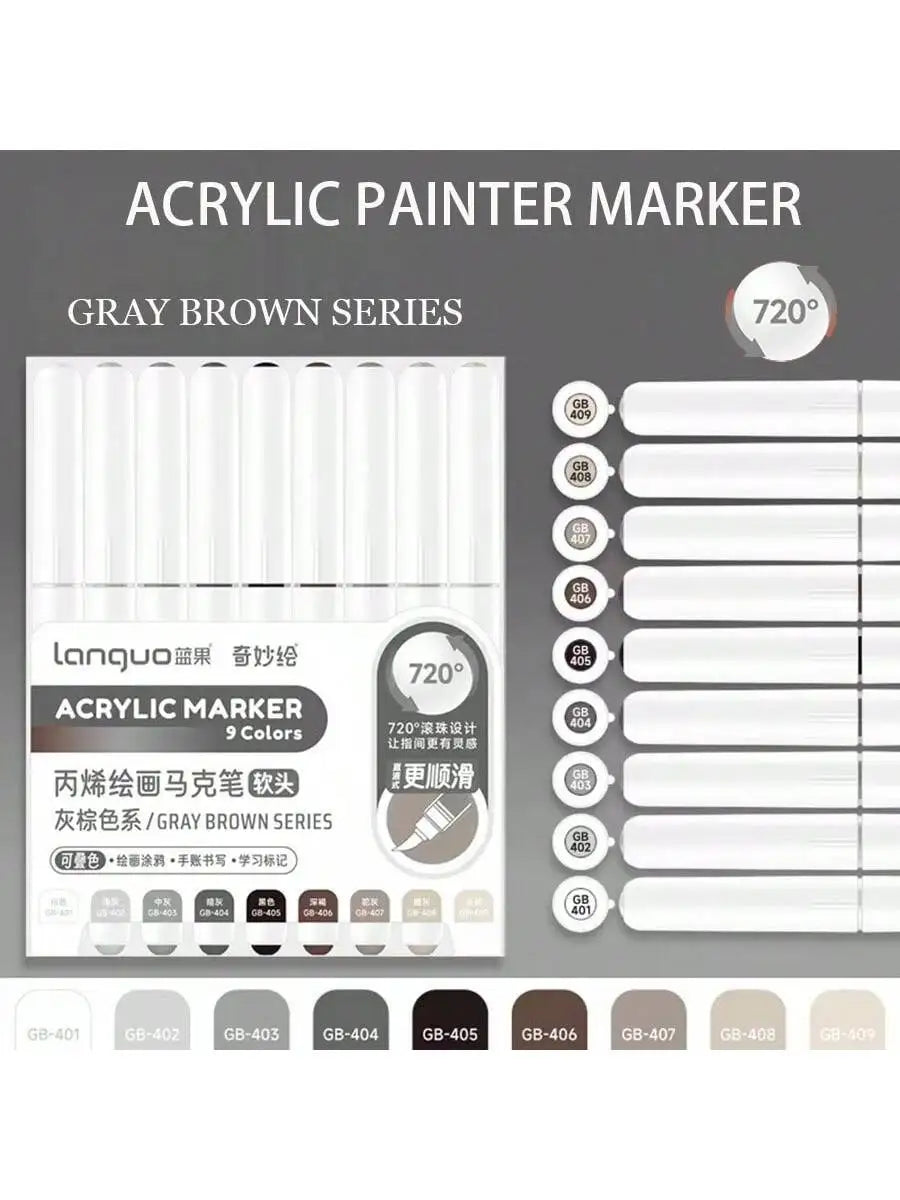 Languo 9pcs Soft Brush Acrylic Marker Pen Set – DIY Art & Graffiti