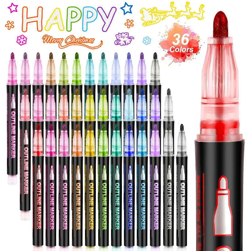 8/12 Colors Metallic Double Line Art Marker Pens