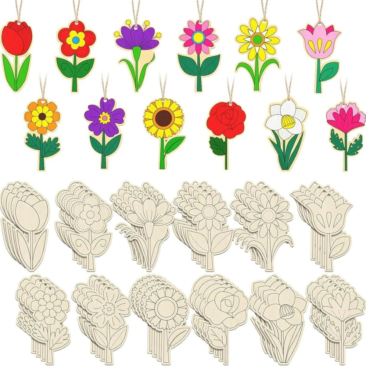Spring Flower Wooden Crafts – 12pcs DIY Hanging Ornaments