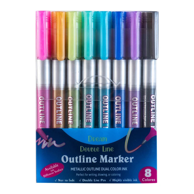 8/12 Colors Metallic Double Line Art Marker Pens