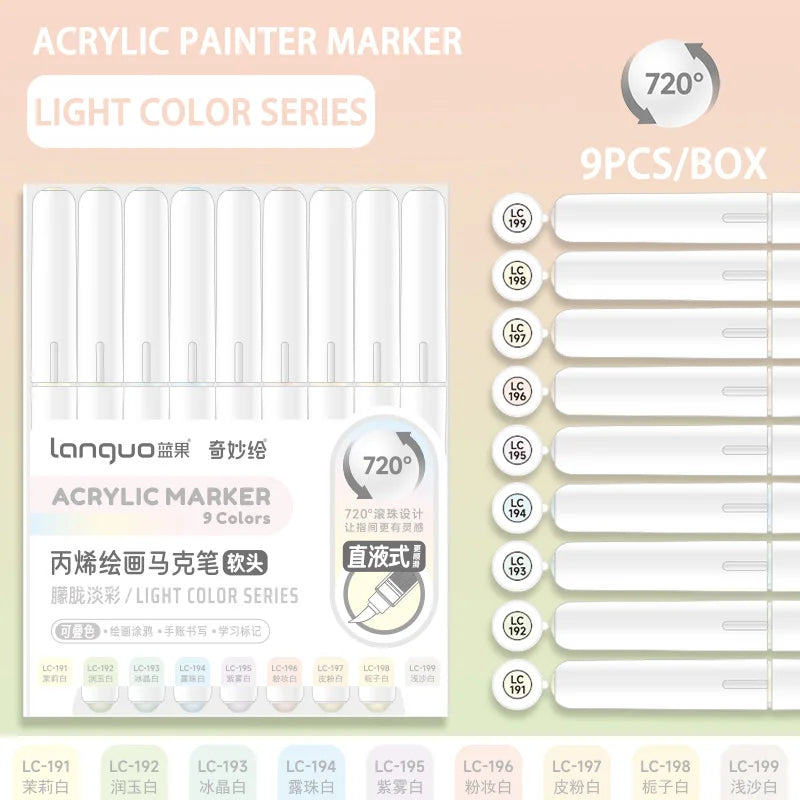 Languo 9pcs Soft Brush Acrylic Marker Pen Set – DIY Art & Graffiti