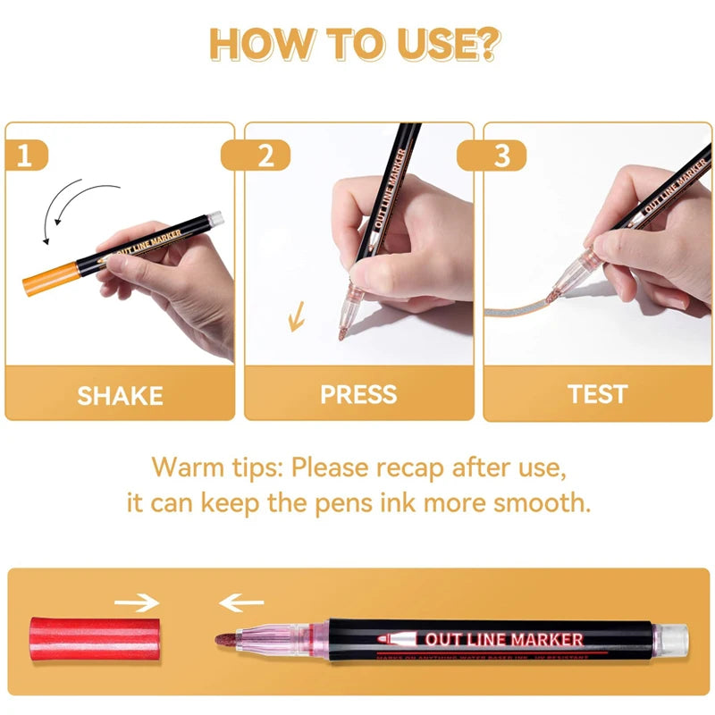 8/12 Colors Metallic Double Line Art Marker Pens
