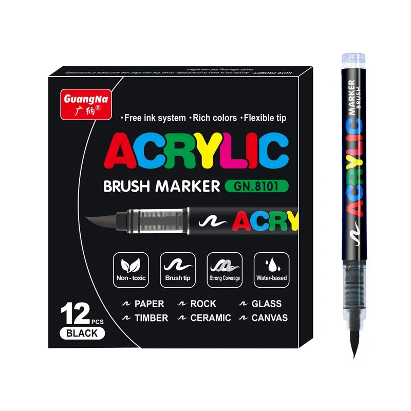 Acrylic Marker Pens – 12/24/30 Colors, Waterproof Soft Brush Nib