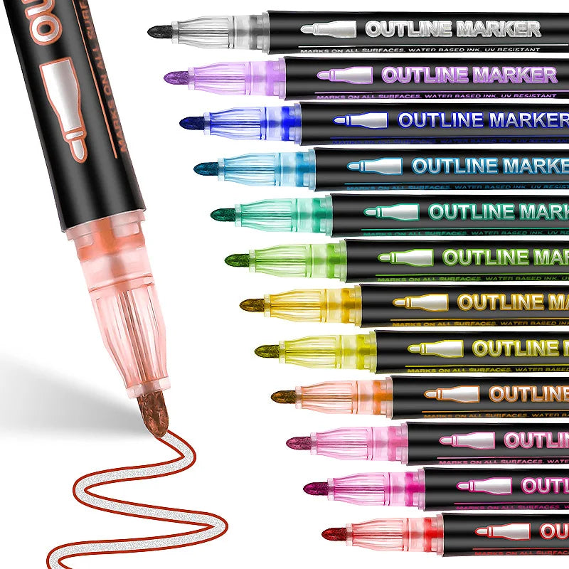8/12 Colors Metallic Double Line Art Marker Pens