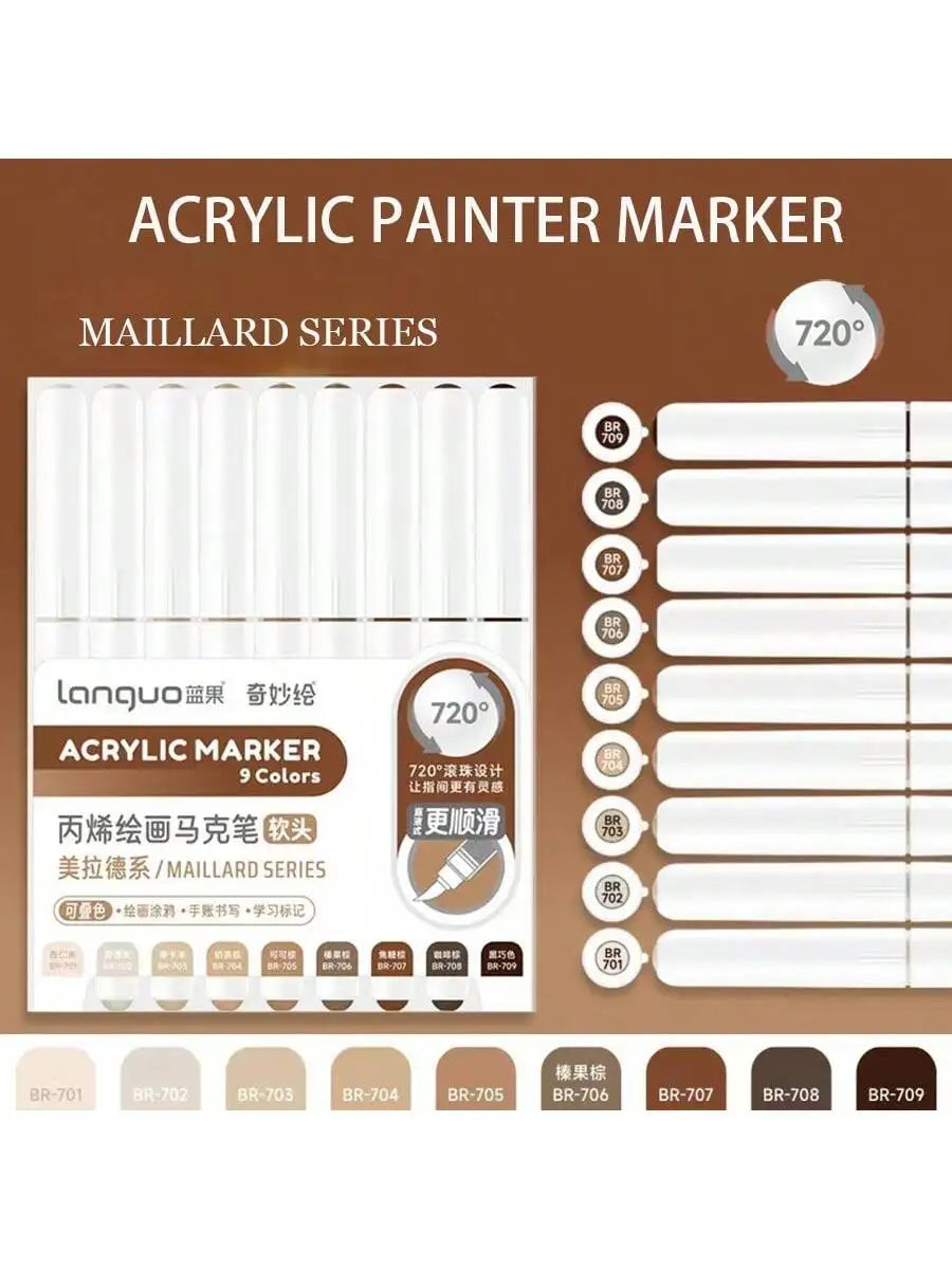 Languo 9pcs Soft Brush Acrylic Marker Pen Set – DIY Art & Graffiti