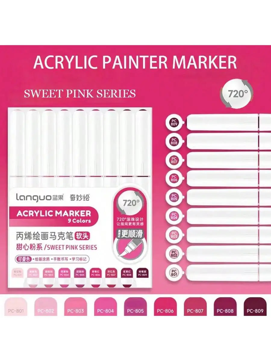 Languo 9pcs Soft Brush Acrylic Marker Pen Set – DIY Art & Graffiti