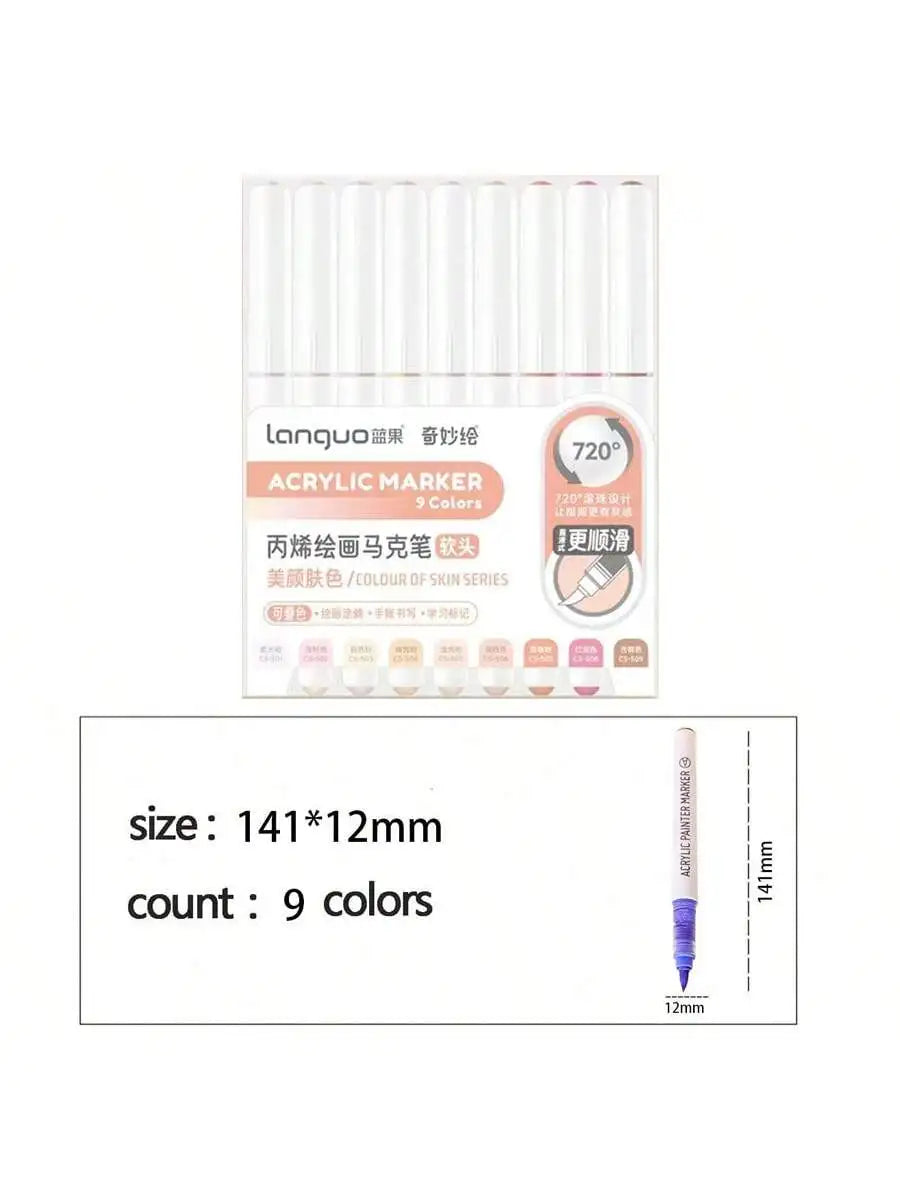Languo 9pcs Soft Brush Acrylic Marker Pen Set – DIY Art & Graffiti