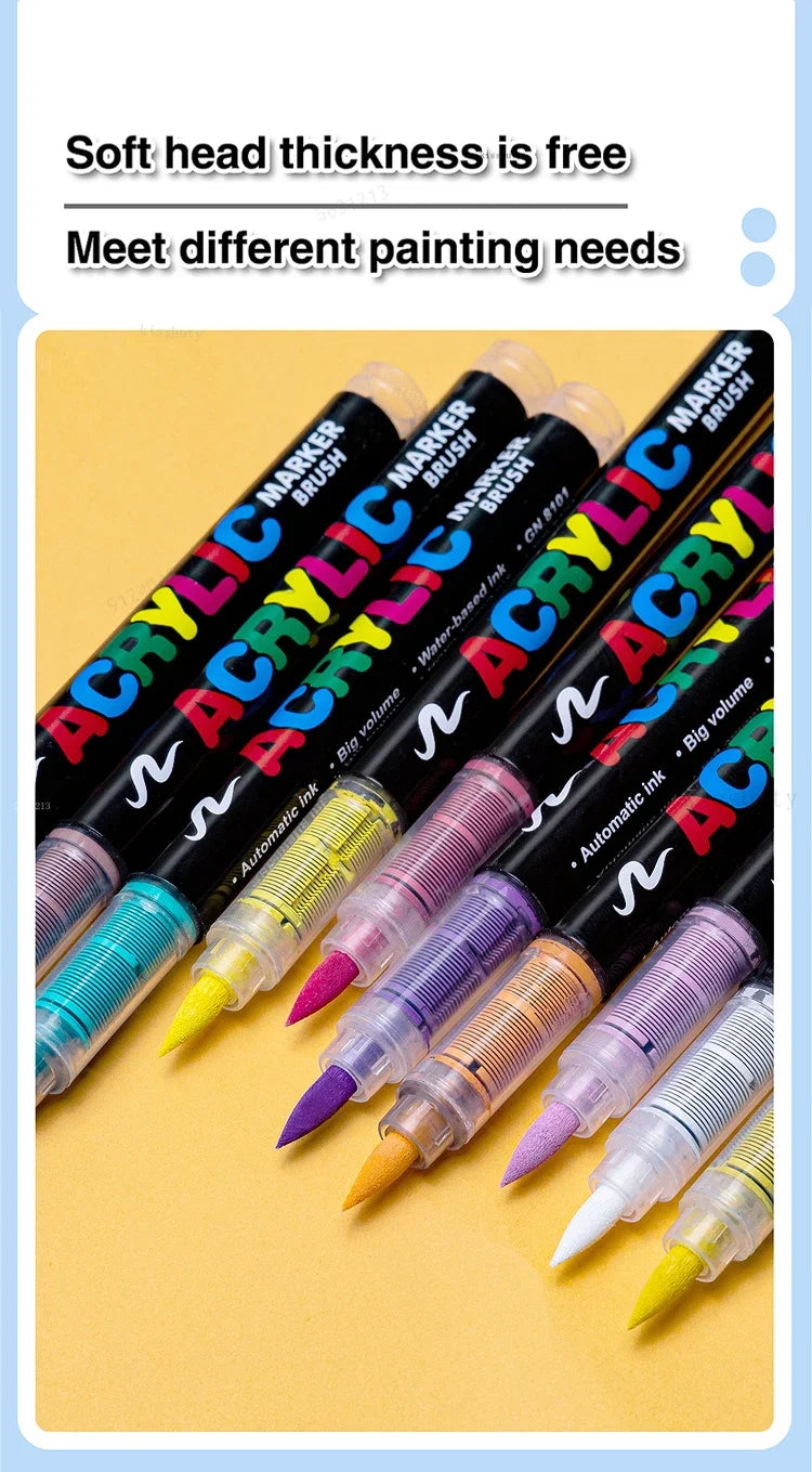 Acrylic Marker Pens – 12/24/30 Colors, Waterproof Soft Brush Nib