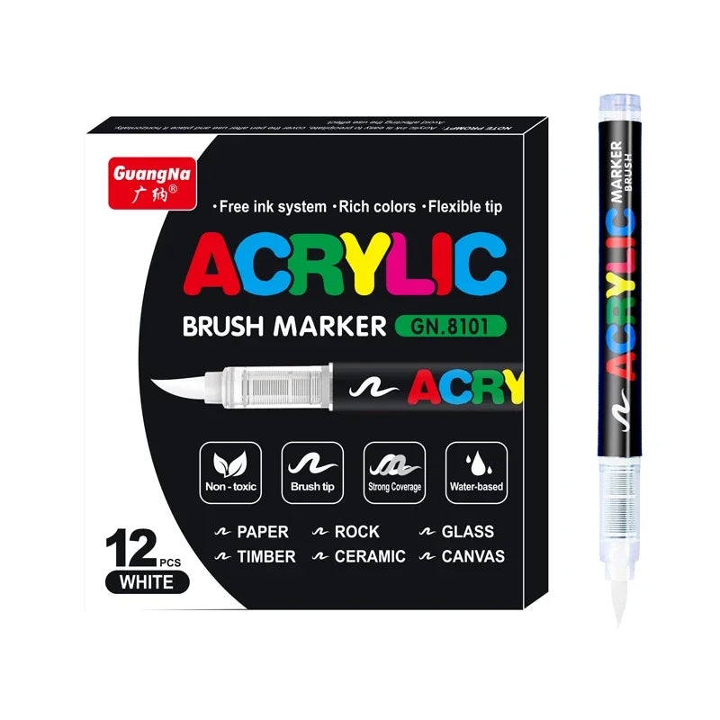 Acrylic Marker Pens – 12/24/30 Colors, Waterproof Soft Brush Nib